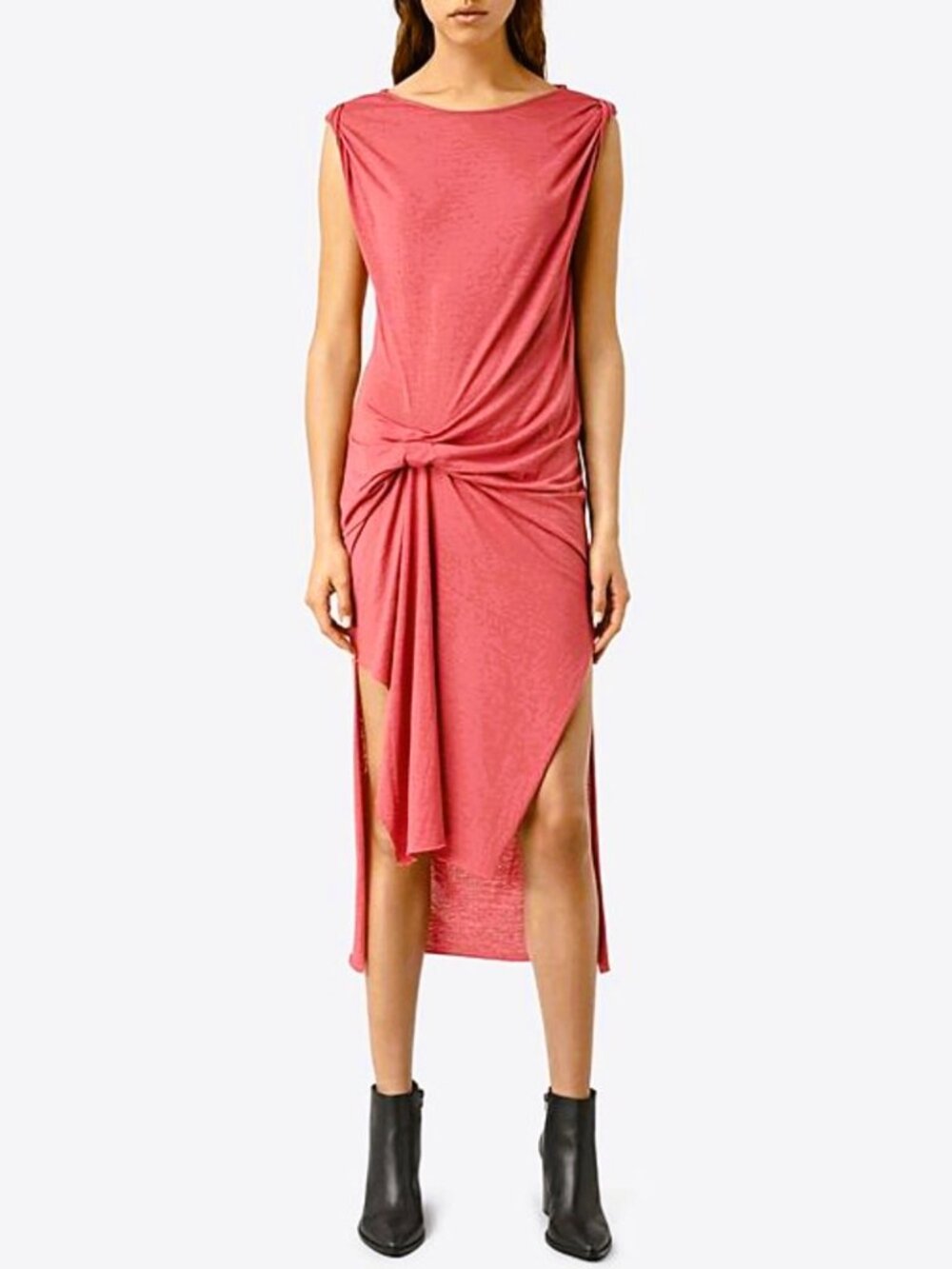 NWT AllSaints Riviera Davo Dress Sorbet Pink Draped Asymmetric Knit Midi Sz S